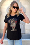 Crystal Taşlı Pamuk Kısa Kol Bisiklet Yaka Büyük Beden Siyah Şık Rahat Tasarım Kadın T-shirt