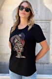 Crystal Taşlı Pamuk Kısa Kol Bisiklet Yaka Büyük Beden Siyah Şık Rahat Tasarım Kadın T-shirt
