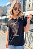 Crystal Taşlı Pamuk Kısa Kol Bisiklet Yaka Büyük Beden Siyah Şık Rahat Tasarım Kadın T-shirt