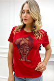 Crystal Taşlı Pamuk Kısa Kol Bisiklet Yaka Büyük Beden Siyah Şık Rahat Tasarım Kadın T-shirt