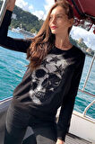 Iki Iplik Kurukafa Crystal Taşlı Kadın Slim Fit Siyah Sweatshirt