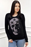 Iki Iplik Kurukafa Crystal Taşlı Kadın Slim Fit Siyah Sweatshirt