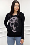 Iki Iplik Kurukafa Crystal Taşlı Kadın Slim Fit Siyah Sweatshirt