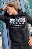 Crystal Taşlı Içi Polarlı Cepli Kapüşonlu Üç Iplik Şardonlu Kadın Sweatshirt