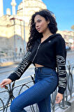 Kapüşonlu 3 Iplik Içi Polar Crop Fermuarlı Siyah Kadın Pamuk Sweatshirt