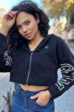 Kapüşonlu 3 Iplik Içi Polar Crop Fermuarlı Siyah Kadın Pamuk Sweatshirt