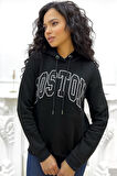 3 Iplik Kapüşonlu Kanguru Cepli Boston Siyah Kadın Pamuk Sweatshirt