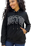 3 Iplik Kapüşonlu Kanguru Cepli Boston Siyah Kadın Pamuk Sweatshirt
