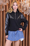 Üç Iplik Crystal Taşlı Kapüşonlu Kanguru Cepli Suni Derili Siyah Kadın Pamuk Şık Sweatshirt