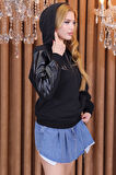 Üç Iplik Crystal Taşlı Kapüşonlu Kanguru Cepli Suni Derili Siyah Kadın Pamuk Şık Sweatshirt