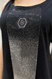 Omzu Açık Pamuk Crystal Taş Baskılı Siyah Rahat Şık Kadın T-shirt