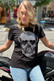 Kurukafa Crystal Taşlı Siyah Büyük Beden Pamuk Kadın T-shirt