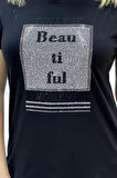 Büyük Beden Bisiklet Yaka Beautiful Yazılı Crystal Taşlı Siyah Şık Pamuklu Kısa Kol Kadın T-shirt