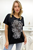 Bol Kesim Crystal Taşlı Büyük Beden Bisiklet Yaka Pamuk Siyah Kadın T-shirt
