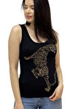 Leopar Crystal Taş Baskılı Dar Kesim / Slim Fit Pamuk Kadın Kolsuz Tshirt Kalın Askılı Atlet
