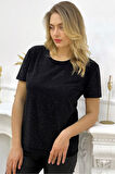 Tamamı Crystal Taşlı Büyük Beden Bisiklet Yaka Pamuk Şık Kadın T-Shirt