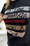 Büyük Beden Renkli Yazılı Crystal Taşlı Kısa Kol Bisiklet Yaka Şık Rahat Pamuk Siyah Kadın T-shirt