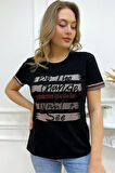 Büyük Beden Renkli Yazılı Crystal Taşlı Kısa Kol Bisiklet Yaka Şık Rahat Pamuk Siyah Kadın T-shirt