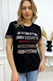 Büyük Beden Renkli Yazılı Crystal Taşlı Kısa Kol Bisiklet Yaka Şık Rahat Pamuk Siyah Kadın T-shirt