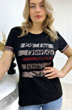 Büyük Beden Renkli Yazılı Crystal Taşlı Kısa Kol Bisiklet Yaka Şık Rahat Pamuk Siyah Kadın T-shirt