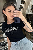 Büyük Beden Beautiful Yazılı Crystal Taşlı Kısa Kol Bisiklet Yaka Şık Pamuk Siyah Kadın T-shirt