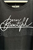 Büyük Beden Beautiful Yazılı Crystal Taşlı Kısa Kol Bisiklet Yaka Şık Pamuk Siyah Kadın T-shirt