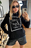 Dar Kesim Kapüşonlu Crystal Taşlı Baskılı Üç Iplik Şardonlu Polarlı Pamuk Siyah Kadın Sweatshirt
