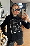 Dar Kesim Kapüşonlu Crystal Taşlı Baskılı Üç Iplik Şardonlu Polarlı Pamuk Siyah Kadın Sweatshirt