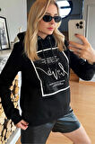 Dar Kesim Kapüşonlu Crystal Taşlı Baskılı Üç Iplik Şardonlu Polarlı Pamuk Siyah Kadın Sweatshirt