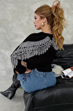 Kanat Crystal Taşlı Regular Fit Büyük Beden Üç Iplik Pamuk Rahat Şık Siyah Cepli Kadın Sweatshirt