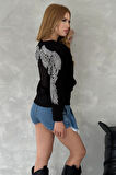 Kanat Crystal Taşlı Regular Fit Büyük Beden Üç Iplik Pamuk Rahat Şık Siyah Cepli Kadın Sweatshirt