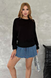 Kanat Crystal Taşlı Regular Fit Büyük Beden Üç Iplik Pamuk Rahat Şık Siyah Cepli Kadın Sweatshirt