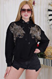 Kapüşonlu Kaplan Crystal Taşlı Büyük Beden Üç Iplik Pamuk Rahat Şık Salaş Siyah Kadın Sweatshirt