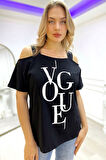 Bol Kesim Omuzları Açık Baskılı Crystal Taşlı Büyük Beden Şık Pamuk Kadın T-shirt