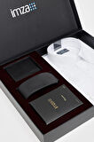 Beyaz Gömlek Slim Fit, Kravat, Cüzdan, Parfüm 4'lü Set, Damat Bohçası, Hediye Seti, Düğün Set