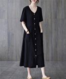 Toridas Keten Günlük Rahat V Yaka Beli Büzgü Detaylı Düğmeli Elbise LN04siyah