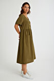 Toridas Keten Günlük Rahat V Yaka Beli Büzgü Detaylı Düğmeli Elbise LN04haki4