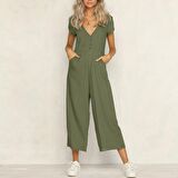 Toridas Keten Günlük Yazlık V Yaka Kısa Paça Tasarım Kadın Tulum LN1010koyuhaki