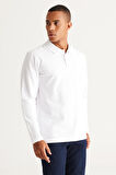 Erkek Beyaz Standart Fit Normal Kesim 3 Iplik Içi Polarlı %100 Pamuk Polo Yaka Sweatshirt