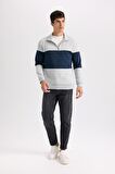 DeFacto Comfort Regular Fit Rahat Kalıp Dik Yaka Fermuarlı Çizgili Kalın Sweatshirt D2401AX24AUGR389