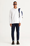 Erkek Beyaz Standart Fit Normal Kesim 3 Iplik Içi Polarlı %100 Pamuk Polo Yaka Sweatshirt