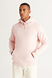 Erkek Pudra Standart Fit İçi Polarlı 3 İplik Kapüşonlu Kanguru Cepli Pamuklu Sweatshirt