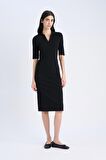 DeFacto Bodycon Vücudu Saran Polo Yaka Fitilli Kaşkorse Kısa Kollu Midi Elbise E6806AX25SPBK27