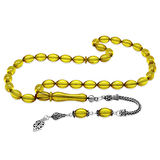 925 Ayar Gümüş Püsküllü Arpa Kesim Sarı Ateş Kehribar Tesbih