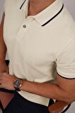 Bej Lacivert Yaka Çizgili Polo Tişört