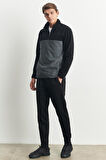 Erkek Siyah-Açık Melanj Anti-Pilling Tüylenme Yapmayan Standart Fit Dik Yaka Polar Sweatshirt