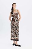 Lug Von Siga x DeFacto Bodycon Desenli Askılı Poplin Midi Elbise
