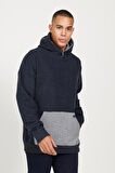 Erkek Indigo Melanj Oversize Bol Kesim Içi Polarlı 3 Iplik Kapüşonlu Sweatshirt