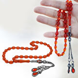 1000 Ayar Gümüş Kazaz Püsküllü Arpa Kesim Amber Kırmızı Ateş Kehribar Tesbih