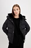 DeFacto Su İtici Puffer Şişme Mont Kapüşonlu Fermuar Çıtçıt Kapmalı Cepli C9523AX24WNBK27